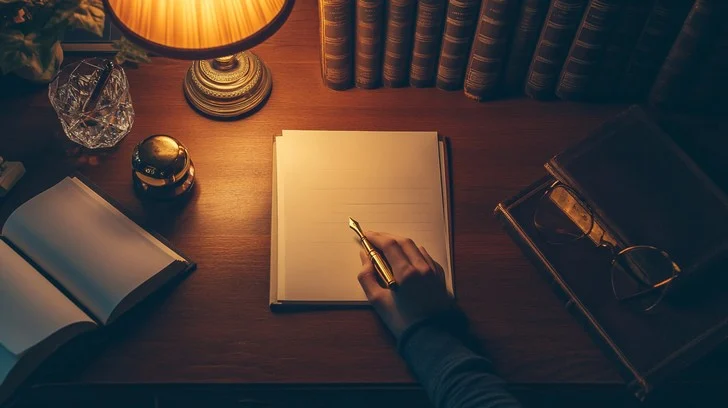 A softly lit evening desk with a notebook and warm lamp used for planning a wind-down checklist