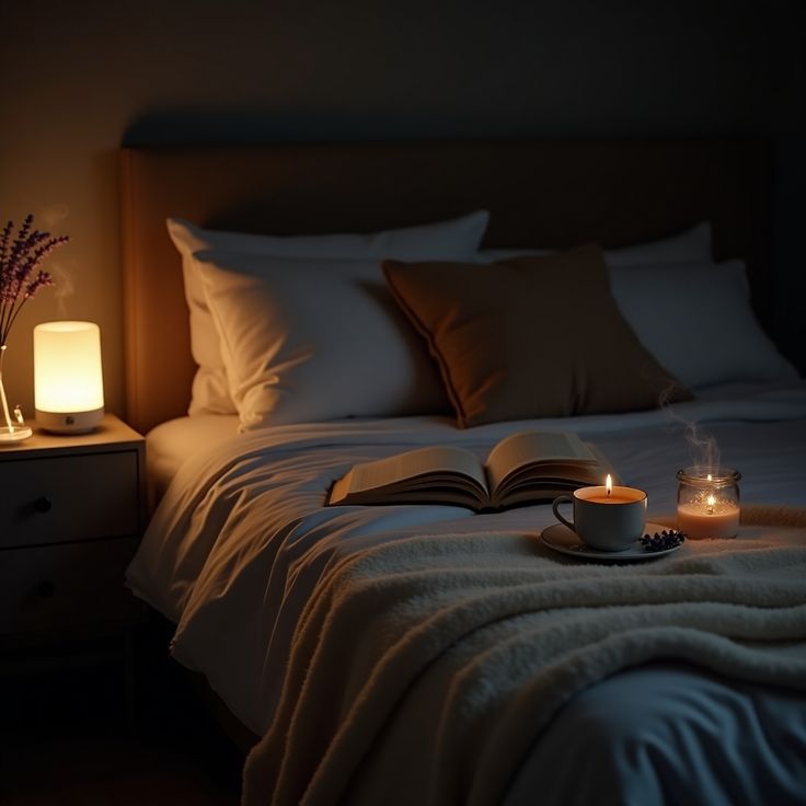 A quiet bedroom window at dusk with a soft lamp and an open book on the sill